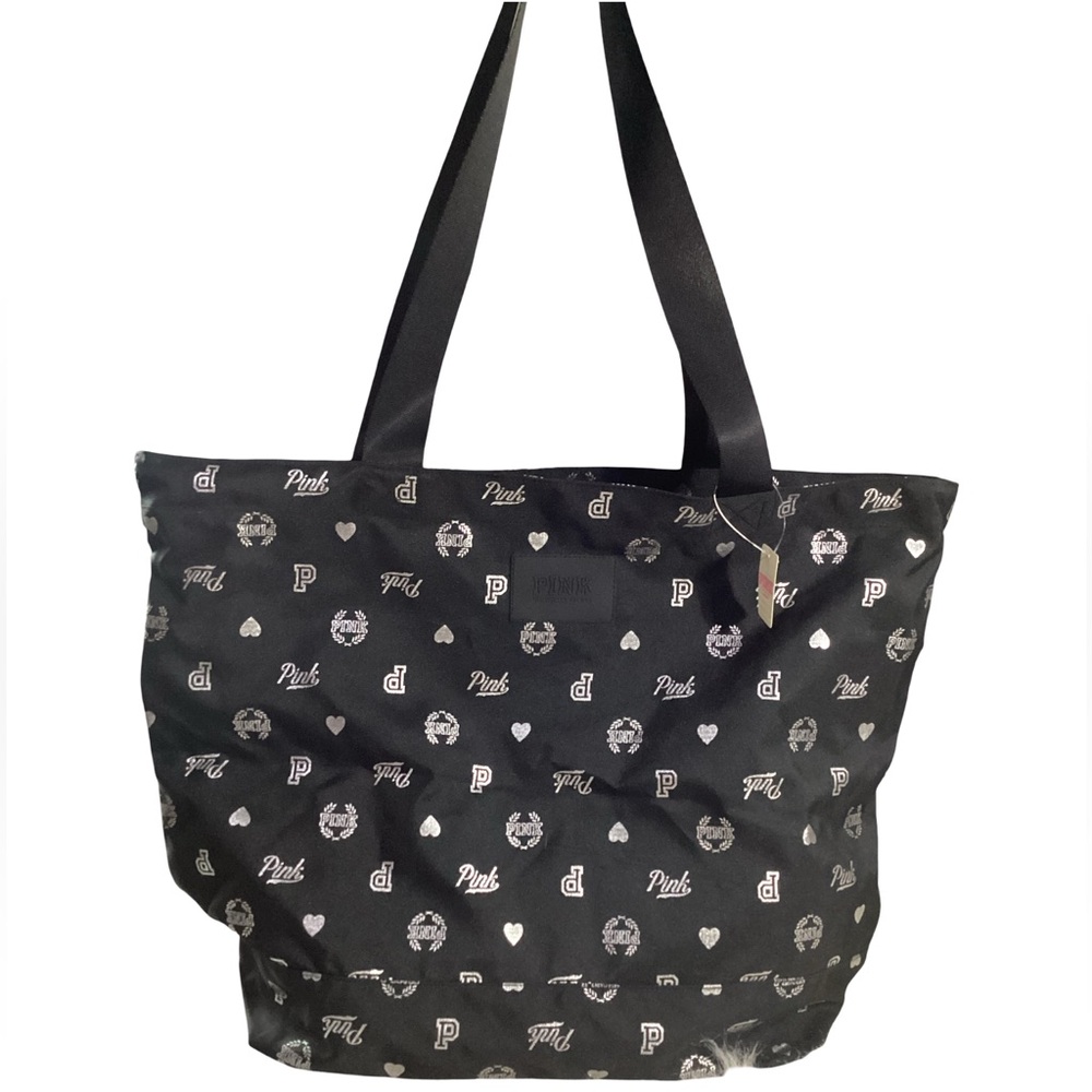 Victoria’s Secret PINK - Black w/ Silver Large Poly Shopper Travel Tote Bag NWT